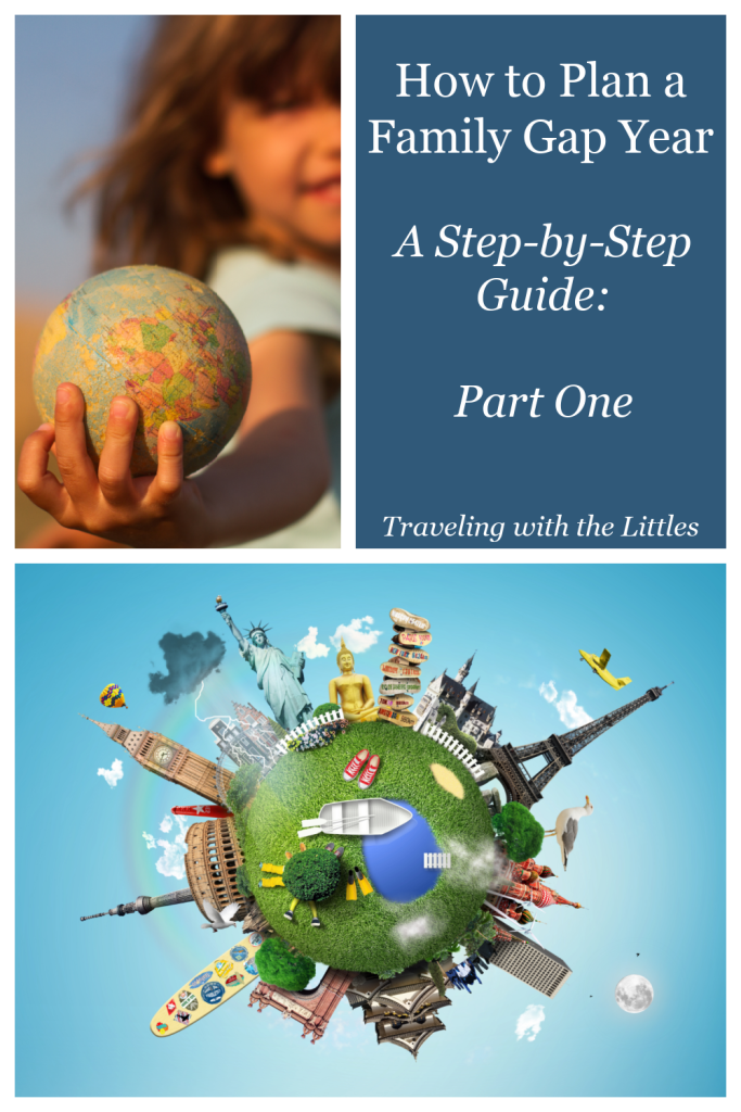 Pinterest image for planning a family gap year.  Collage includes a girl holding a globe, and a picture of many iconic locations surounding the earth. 